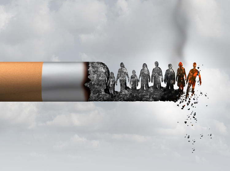 Cigarette with ash forming silhouettes of people, symbolising smoking-related harm